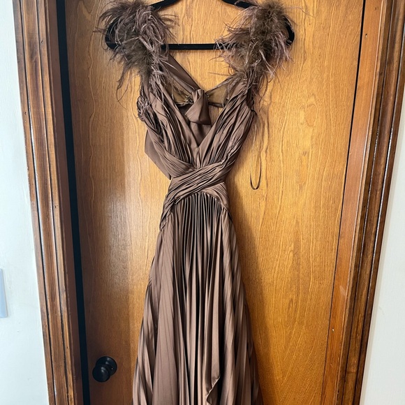 Pleated Feather Cap Sleeve Open Back Gown in Chocolate sz 2 - Picture 3 of 4